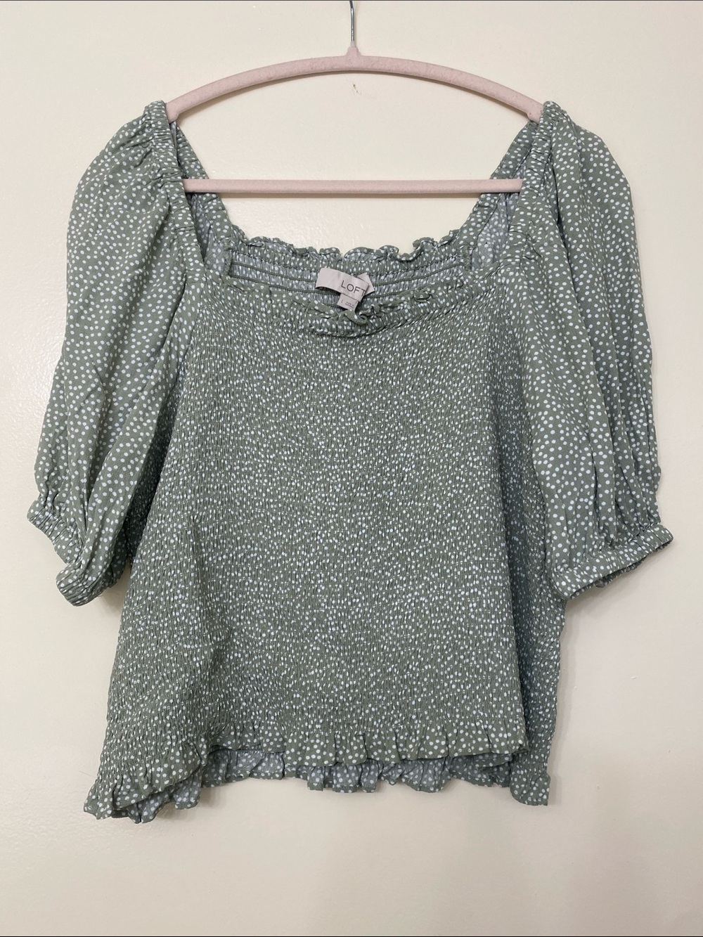 LOFT Sage Green Dot Puff Sleeve Blouse